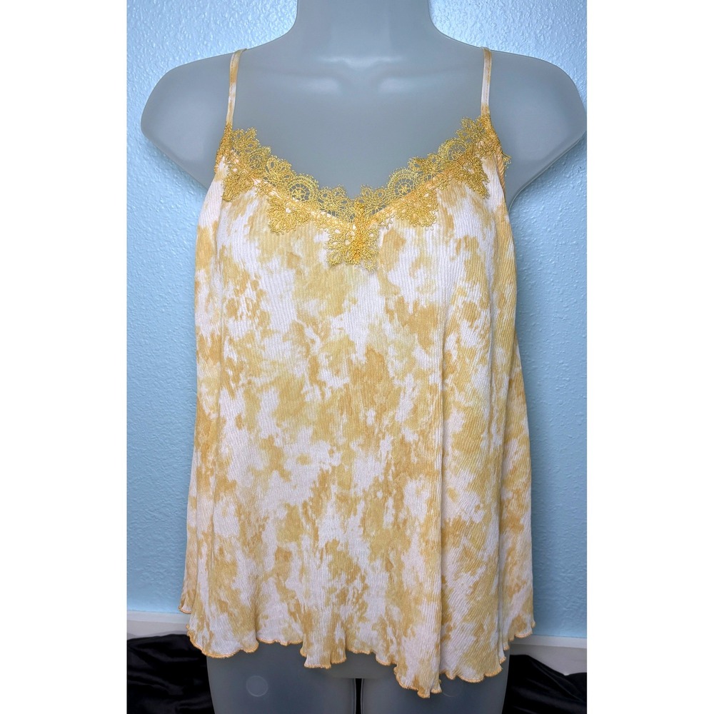 Camisole Medium Blu Pepper Yellow NEW Tie Dye Lace Trim Pleated women EOST1008